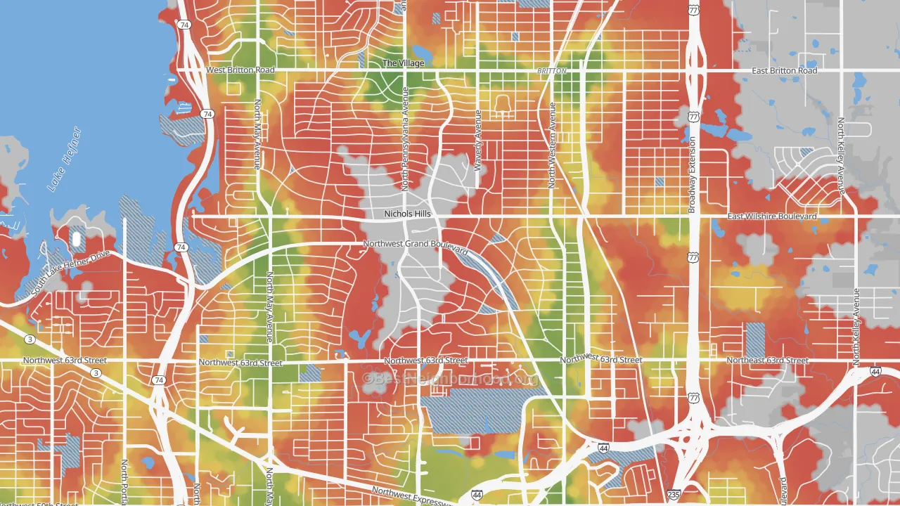 Walk Grade map of Nichols Hills, OK, walkable areas in green and car-dependent areas in red