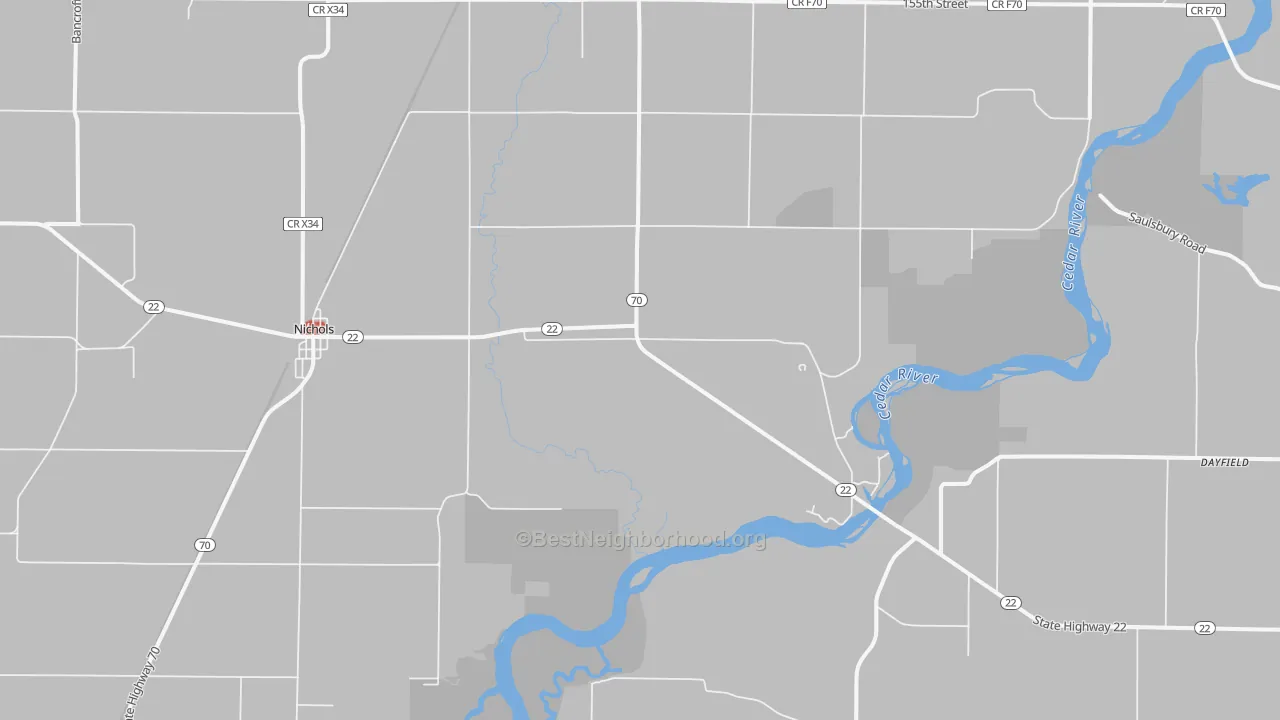 Walk Grade map of Nichols, IA, walkable areas in green and car-dependent areas in red