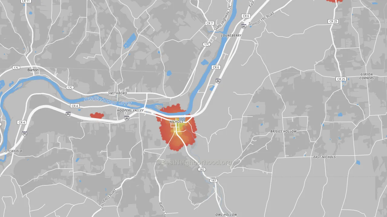 Walk Grade map of Nichols, NY, walkable areas in green and car-dependent areas in red