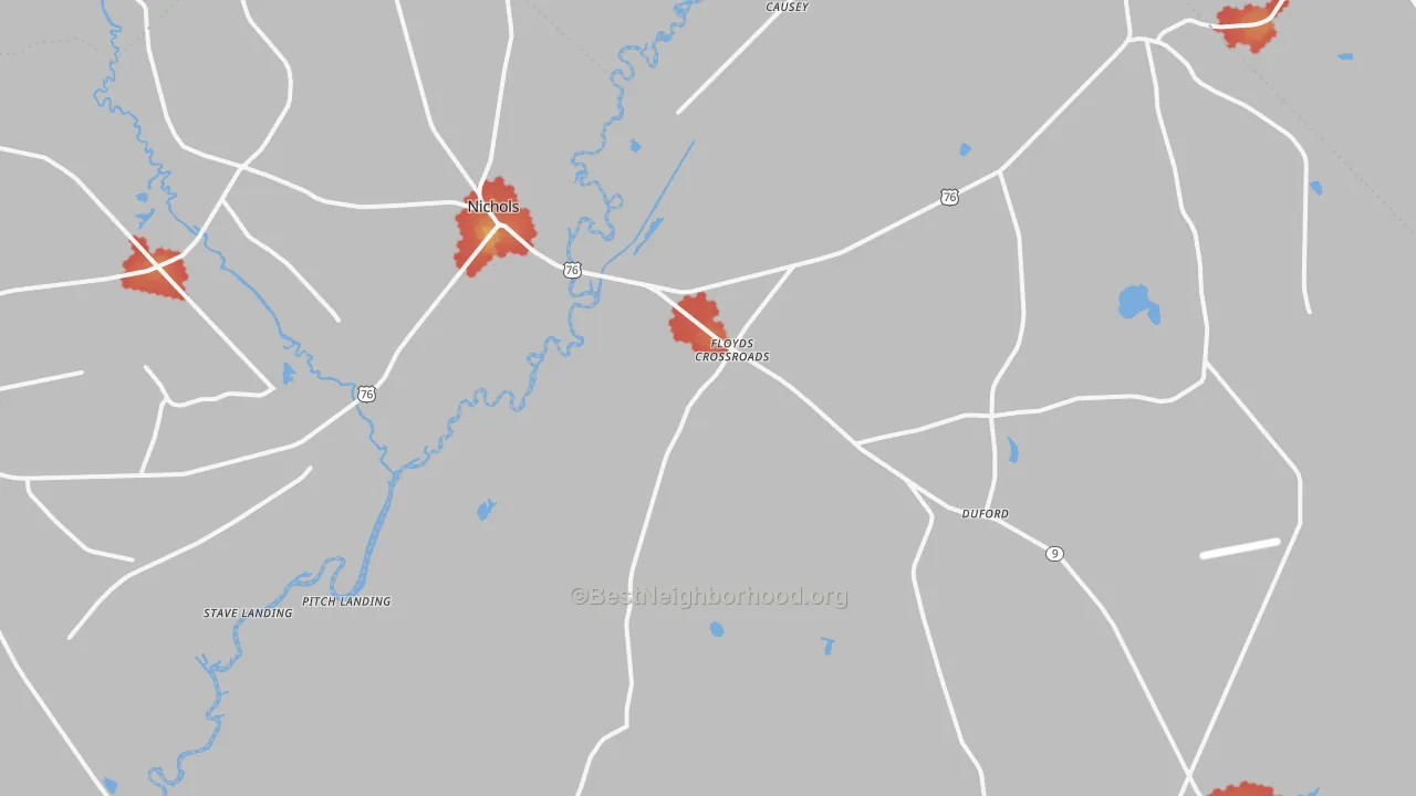 Walk Grade map of Nichols, SC, walkable areas in green and car-dependent areas in red