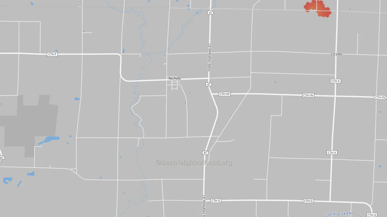 Walk Grade map of Nichols, WI, walkable areas in green and car-dependent areas in red