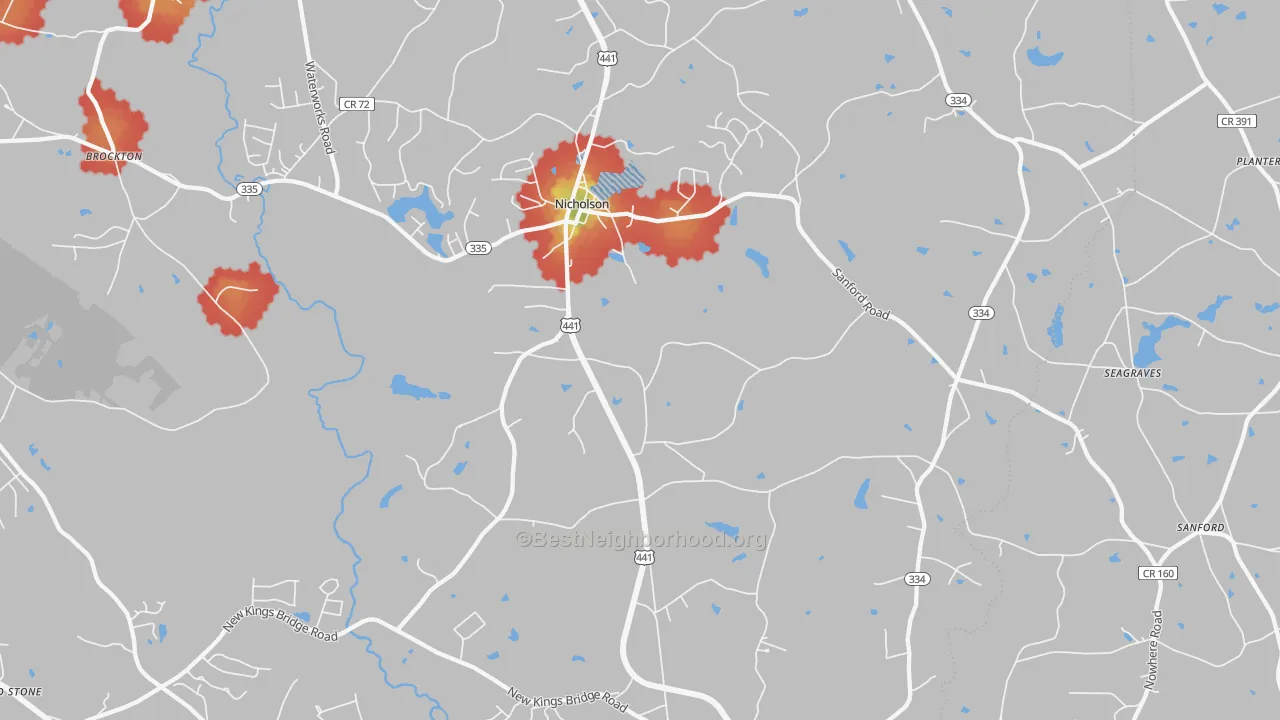 Walk Grade map of Nicholson, GA, walkable areas in green and car-dependent areas in red