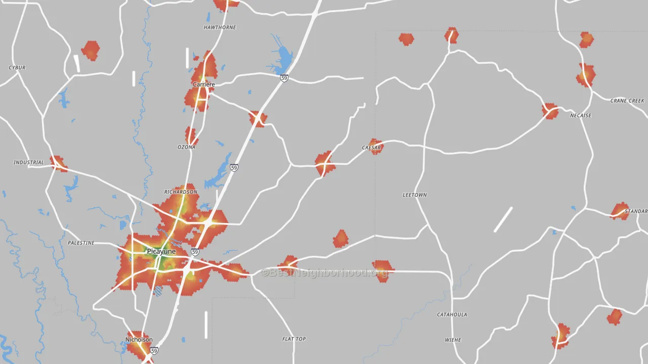 Walk Grade map of Nicholson, MS, walkable areas in green and car-dependent areas in red