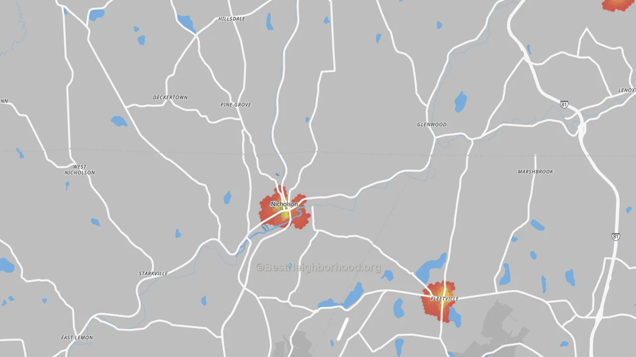Walk Grade map of Nicholson, PA, walkable areas in green and car-dependent areas in red