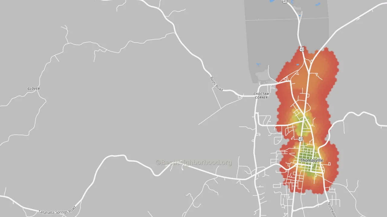 Walk Grade map of Nicholsville, AL, walkable areas in green and car-dependent areas in red
