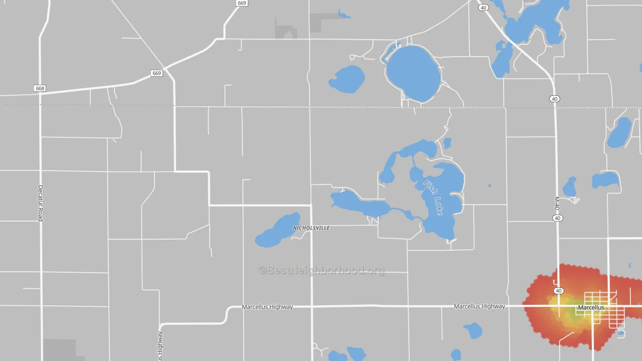 Walk Grade map of Nicholsville, MI, walkable areas in green and car-dependent areas in red