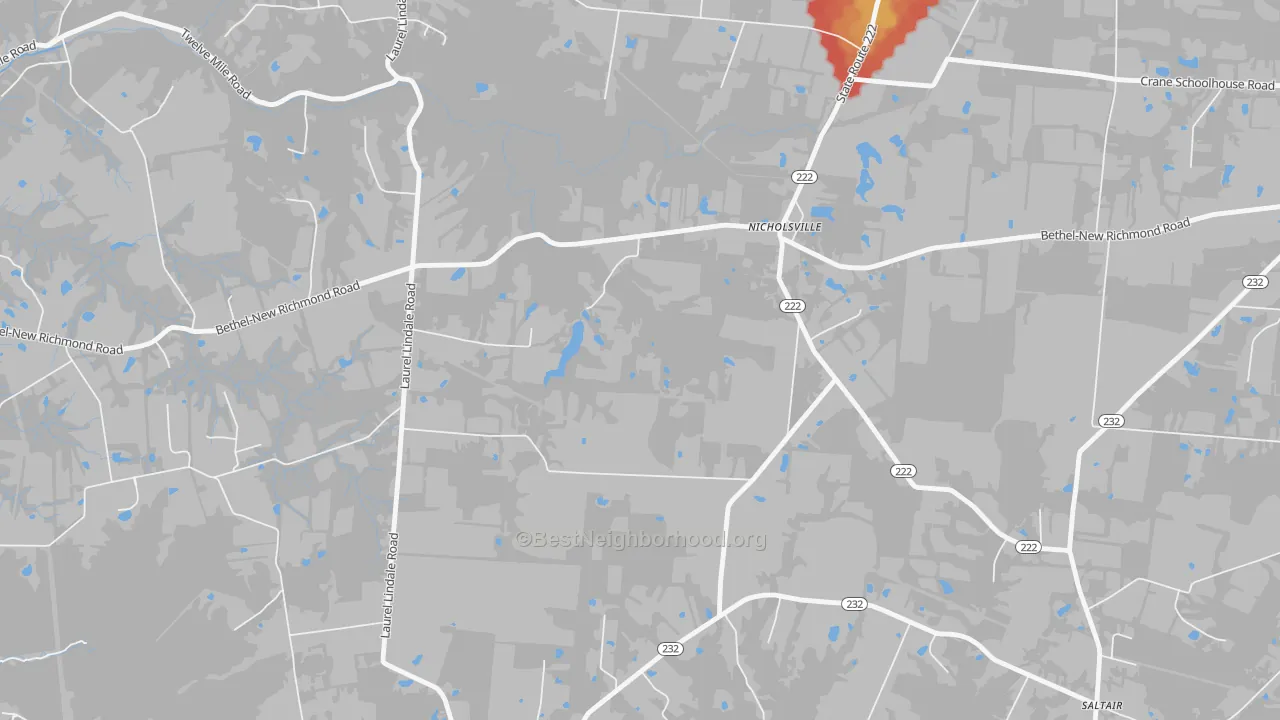 Walk Grade map of Nicholsville, OH, walkable areas in green and car-dependent areas in red