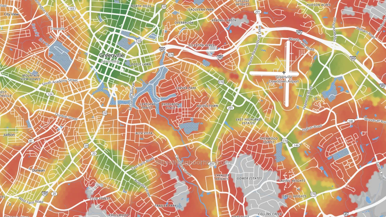 Walk Grade map of Nicholtown, Greenville, SC, walkable areas in green and car-dependent areas in red