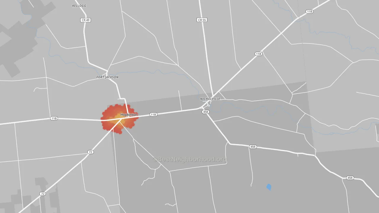 Walk Grade map of Nicholville, NY, walkable areas in green and car-dependent areas in red