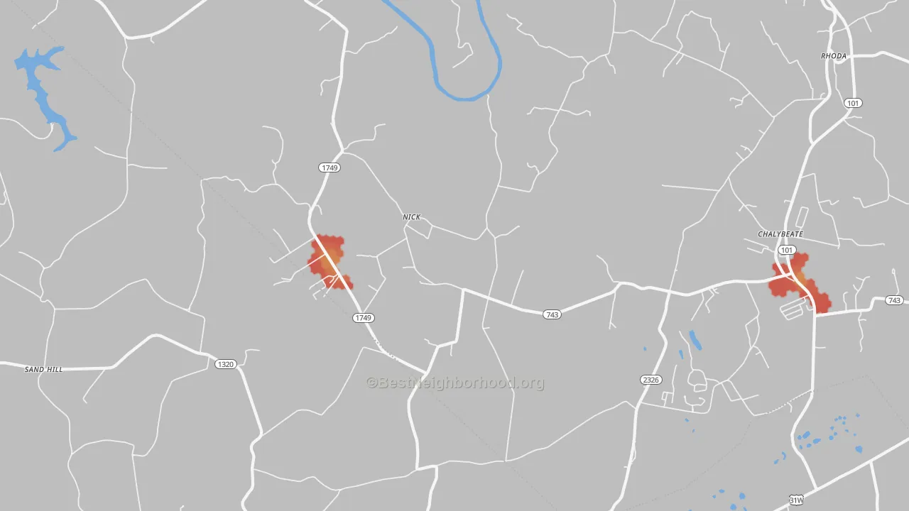 Walk Grade map of Nick, KY, walkable areas in green and car-dependent areas in red