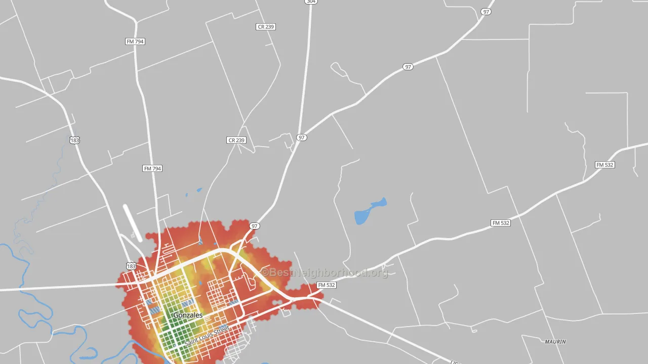 Walk Grade map of Nickel, TX, walkable areas in green and car-dependent areas in red