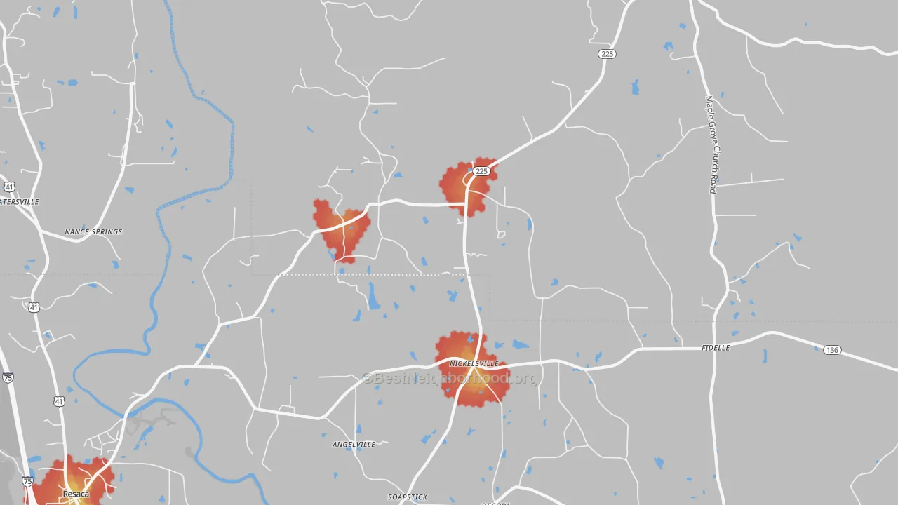 Walk Grade map of Nickelsville, GA, walkable areas in green and car-dependent areas in red