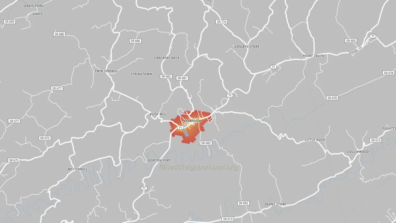 Walk Grade map of Nickelsville, VA, walkable areas in green and car-dependent areas in red