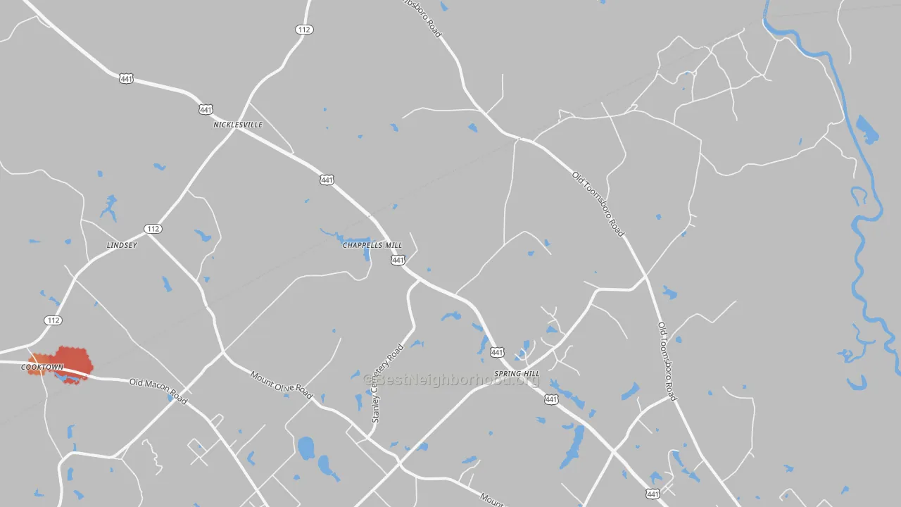 Walk Grade map of Nicklesville, GA, walkable areas in green and car-dependent areas in red