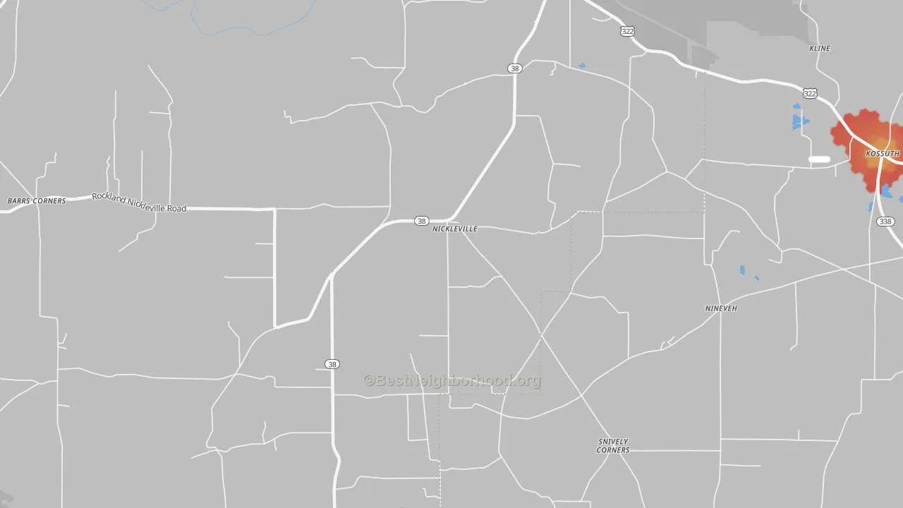 Walk Grade map of Nickleville, PA, walkable areas in green and car-dependent areas in red