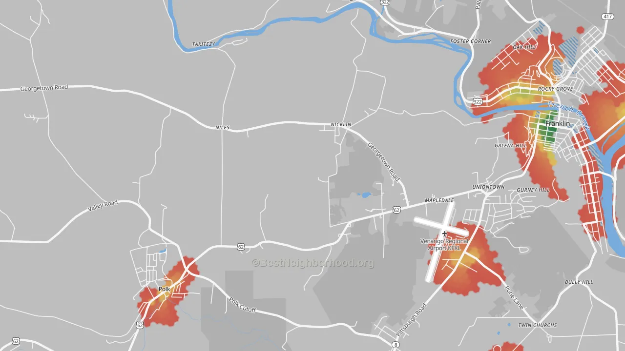 Walk Grade map of Nicklin, PA, walkable areas in green and car-dependent areas in red