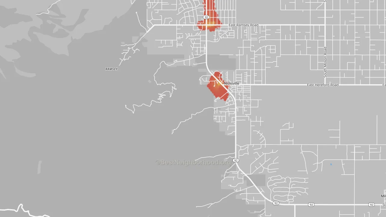 Walk Grade map of Nicksville, AZ, walkable areas in green and car-dependent areas in red