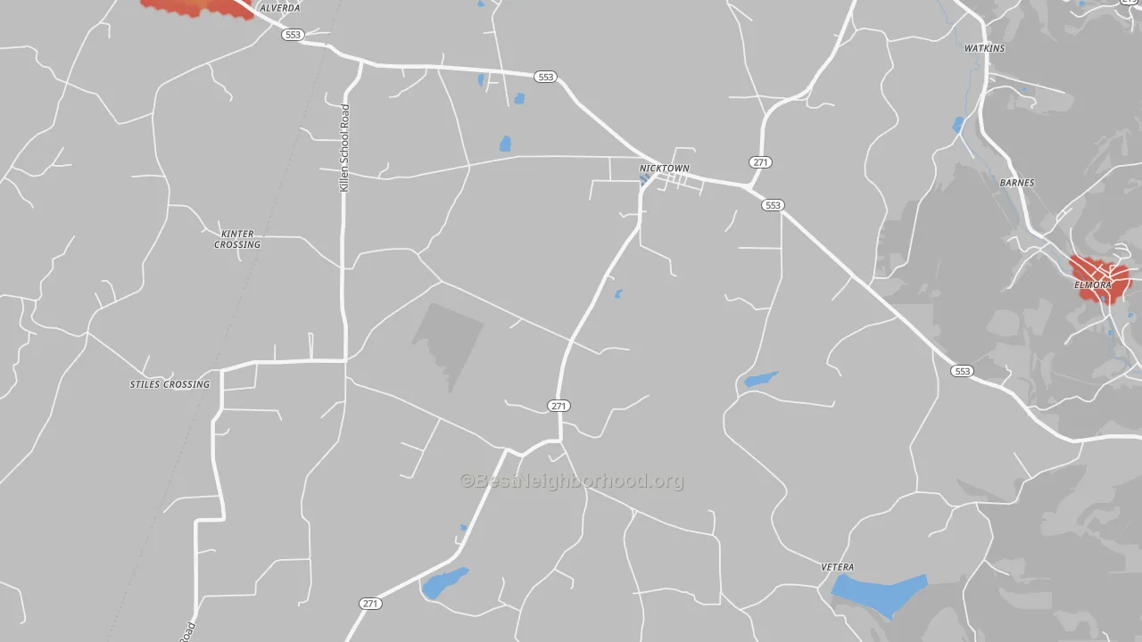 Walk Grade map of Nicktown, PA, walkable areas in green and car-dependent areas in red