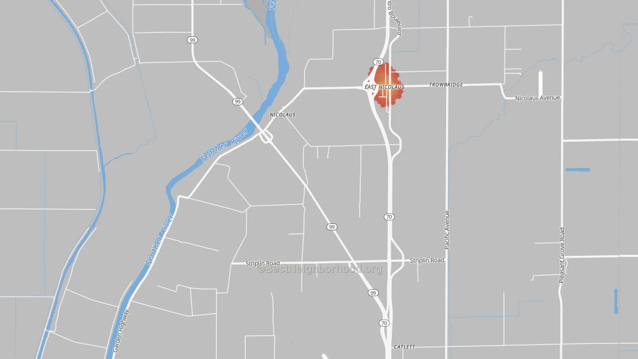 Walk Grade map of Nicolaus, CA, walkable areas in green and car-dependent areas in red