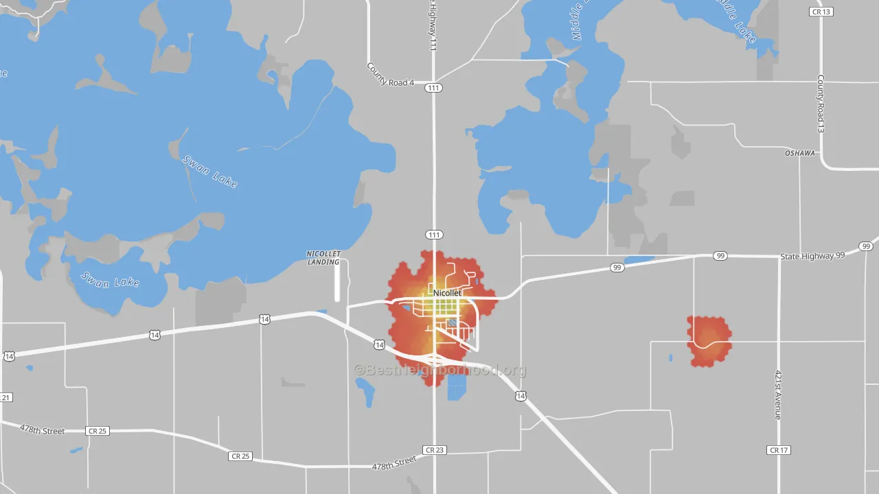 Walk Grade map of Nicollet, MN, walkable areas in green and car-dependent areas in red