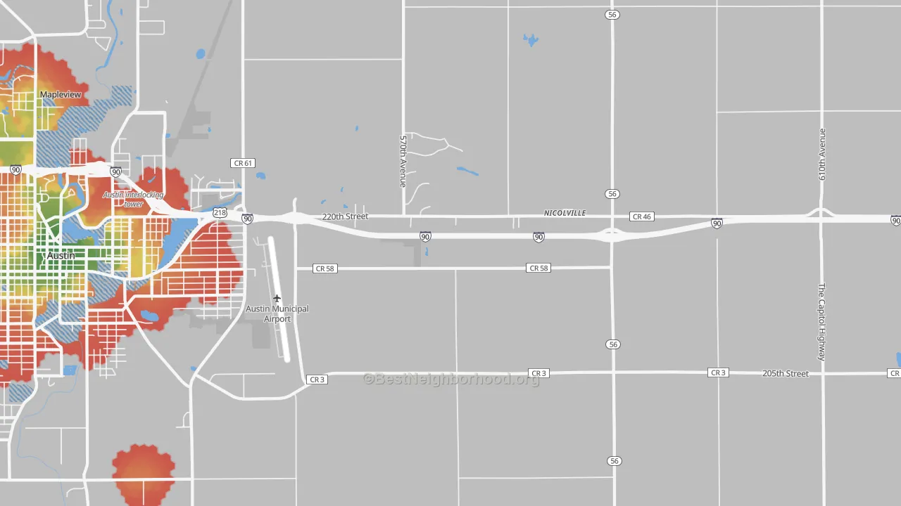 Walk Grade map of Nicolville, MN, walkable areas in green and car-dependent areas in red