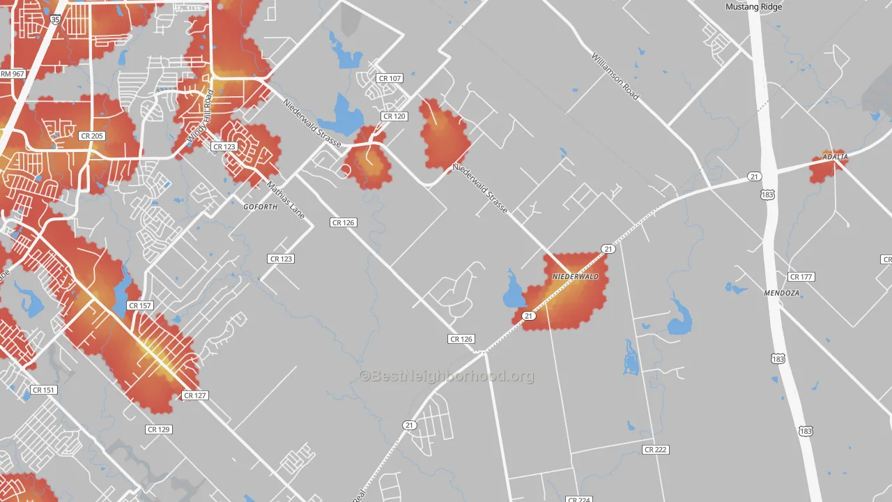 Walk Grade map of Niederwald, TX, walkable areas in green and car-dependent areas in red