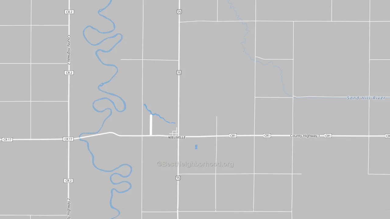 Walk Grade map of Nielsville, MN, walkable areas in green and car-dependent areas in red