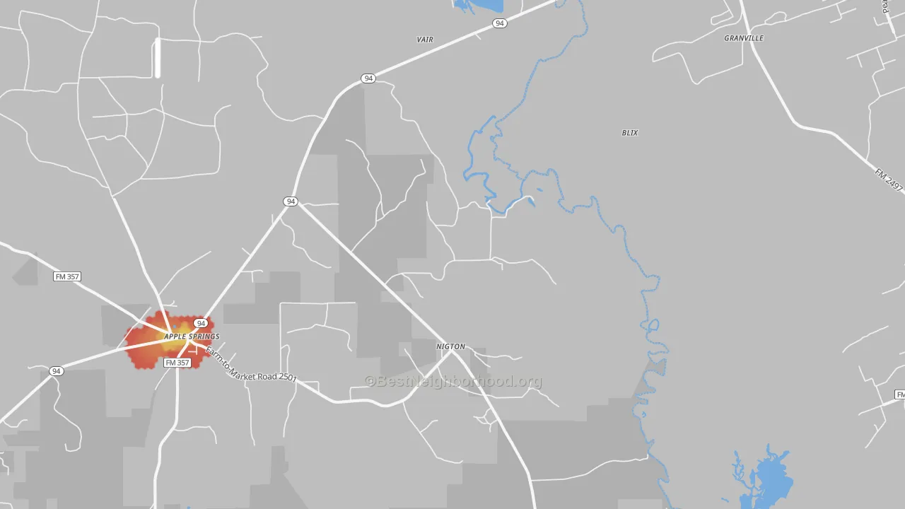 Walk Grade map of Nigton, TX, walkable areas in green and car-dependent areas in red