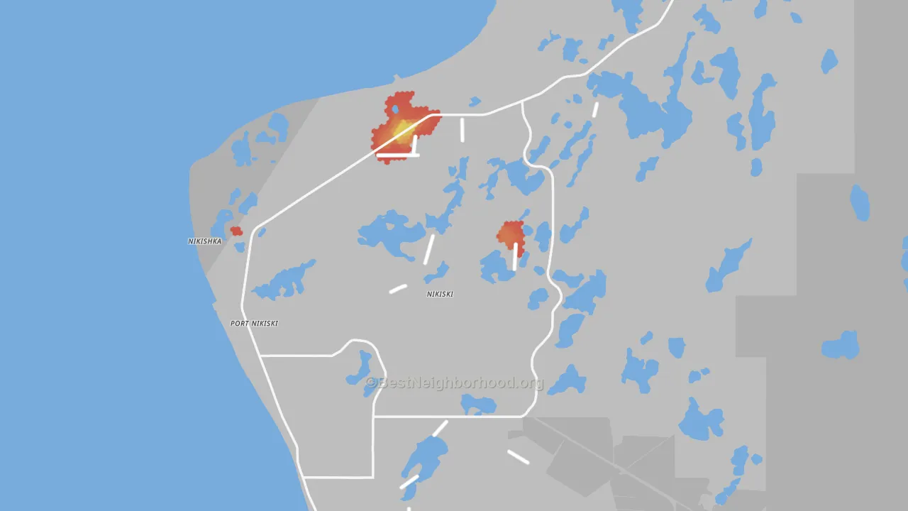 Walk Grade map of Nikiski, AK, walkable areas in green and car-dependent areas in red