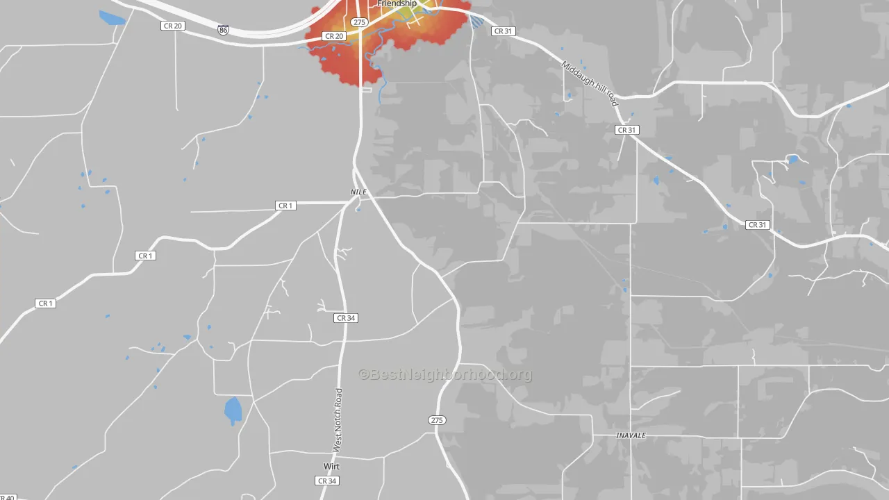 Walk Grade map of Nile, NY, walkable areas in green and car-dependent areas in red