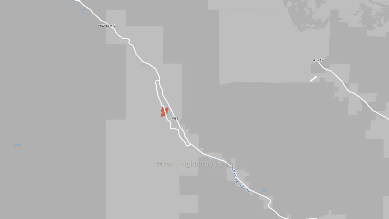 Walk Grade map of Nile, WA, walkable areas in green and car-dependent areas in red