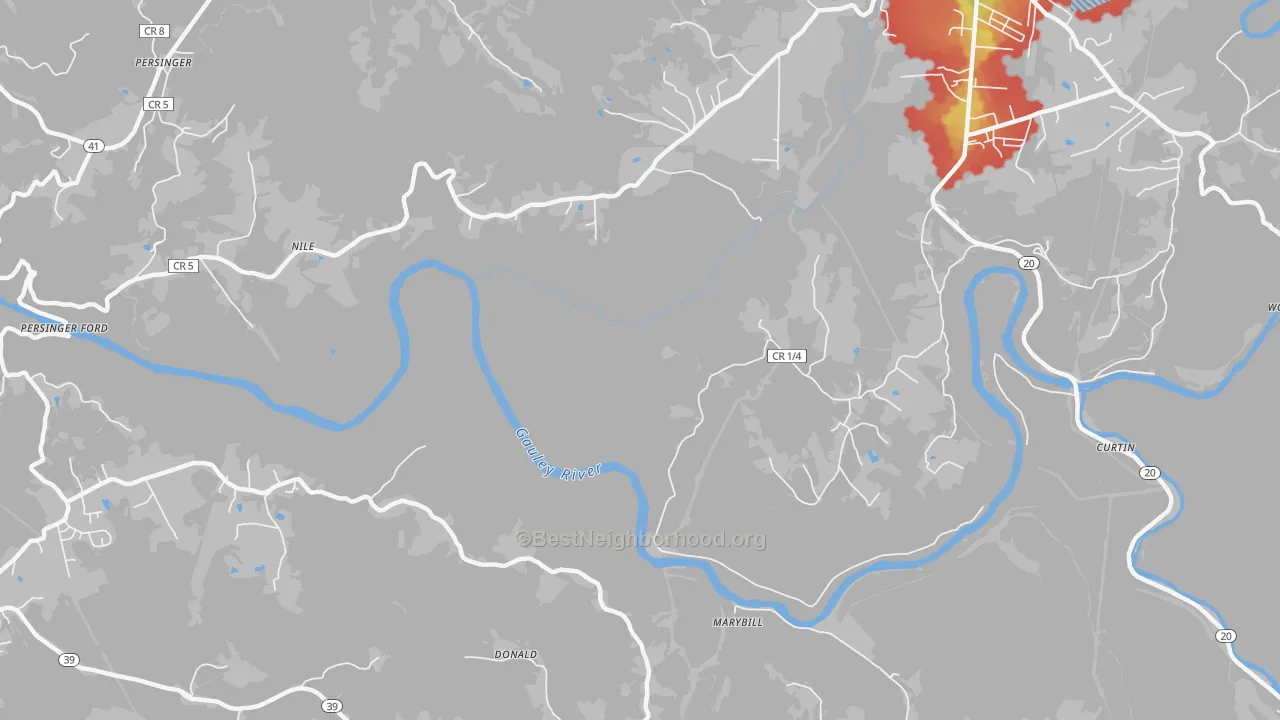 Walk Grade map of Nile, WV, walkable areas in green and car-dependent areas in red