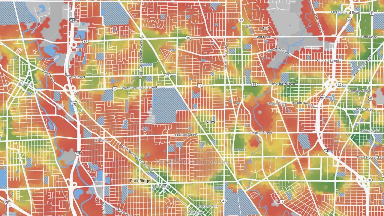 Walk Grade map of Niles, IL, walkable areas in green and car-dependent areas in red
