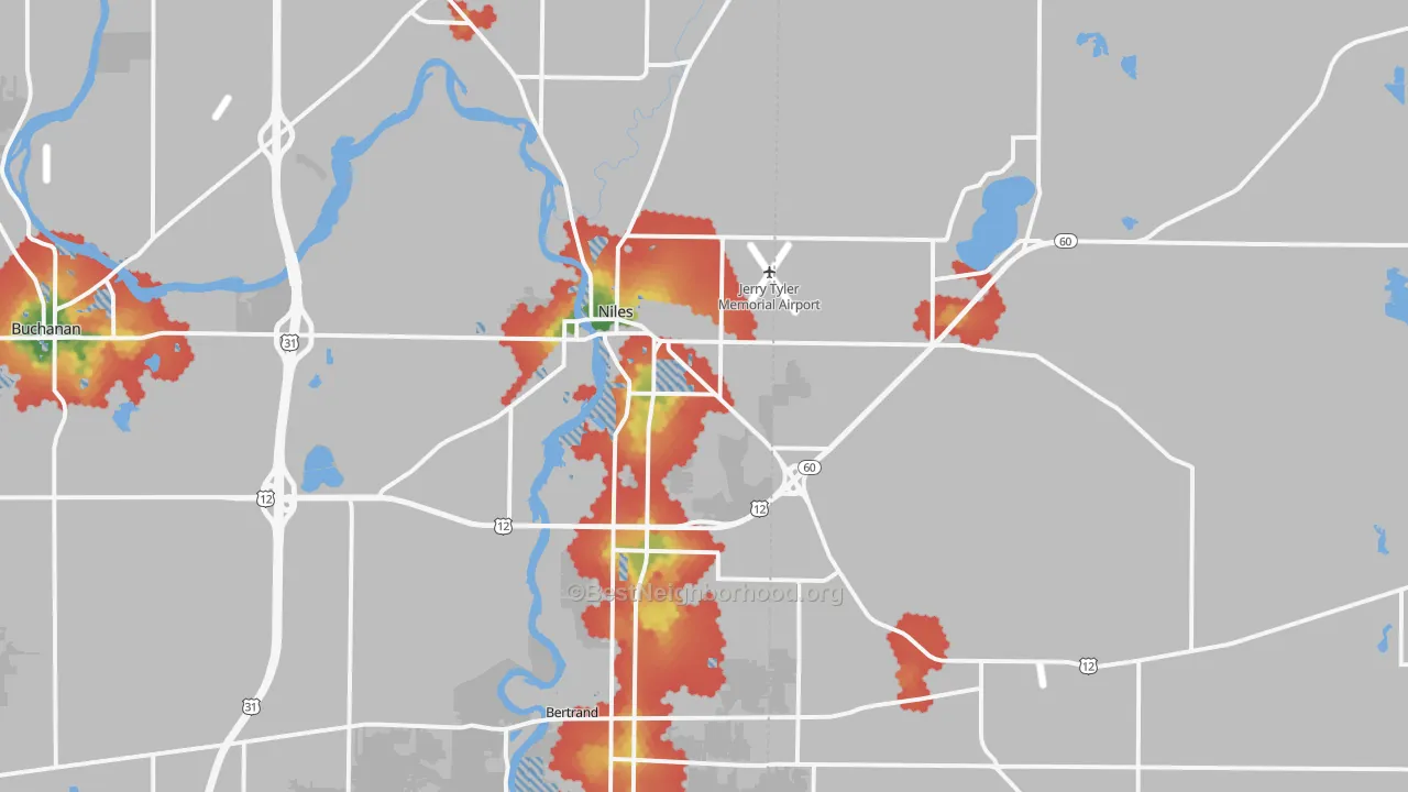 Walk Grade map of Niles, MI, walkable areas in green and car-dependent areas in red