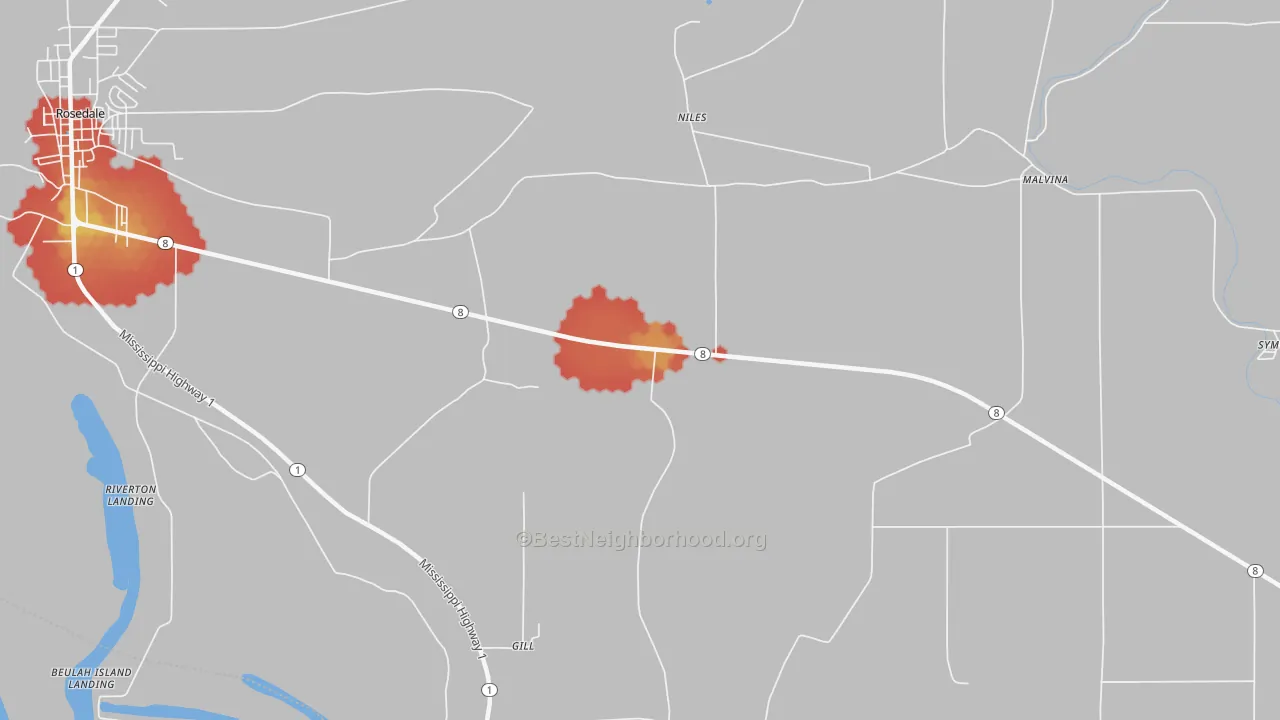 Walk Grade map of Niles, MS, walkable areas in green and car-dependent areas in red