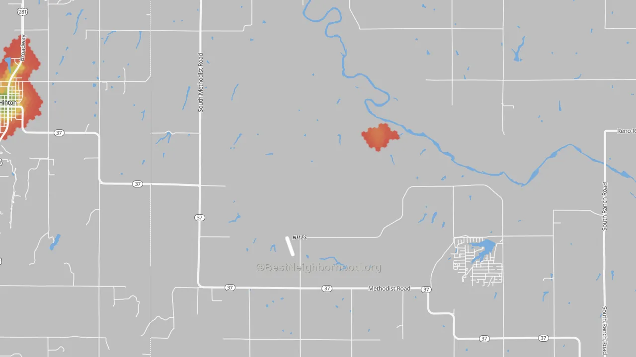 Walk Grade map of Niles, OK, walkable areas in green and car-dependent areas in red