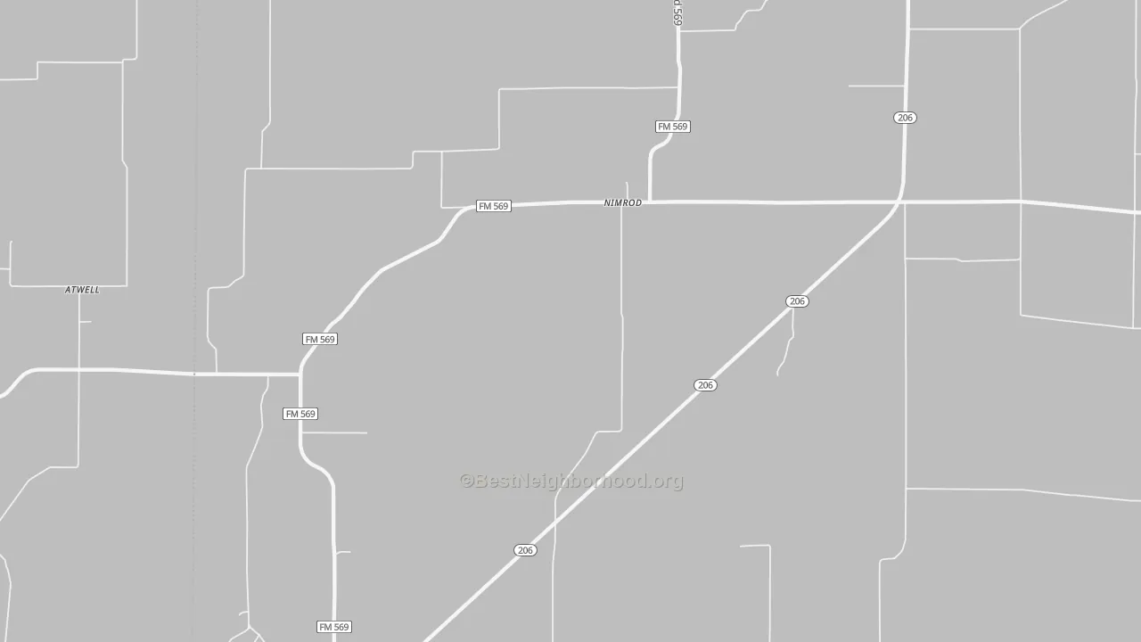 Walk Grade map of Nimrod, TX, walkable areas in green and car-dependent areas in red
