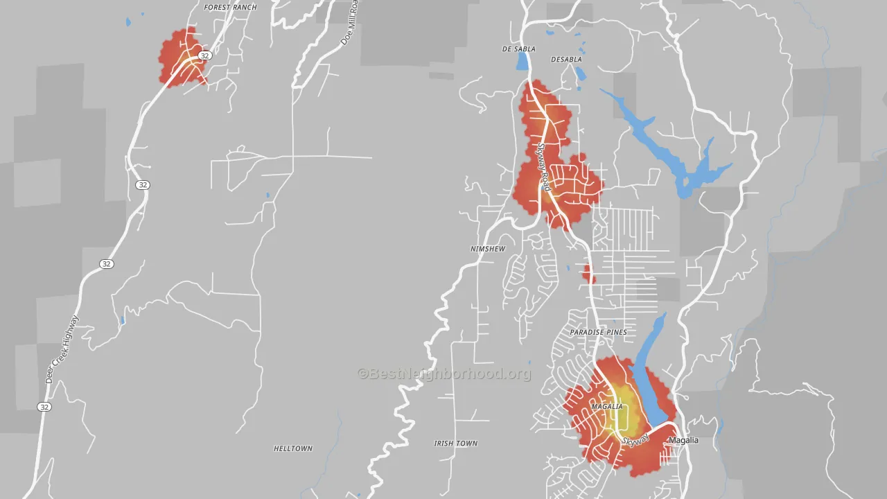 Walk Grade map of Nimshew, CA, walkable areas in green and car-dependent areas in red