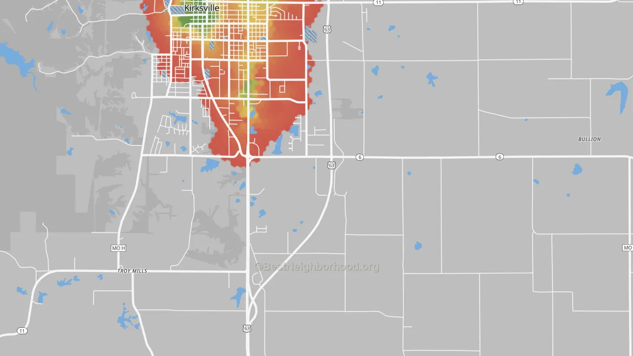 Walk Grade map of Nind, MO, walkable areas in green and car-dependent areas in red