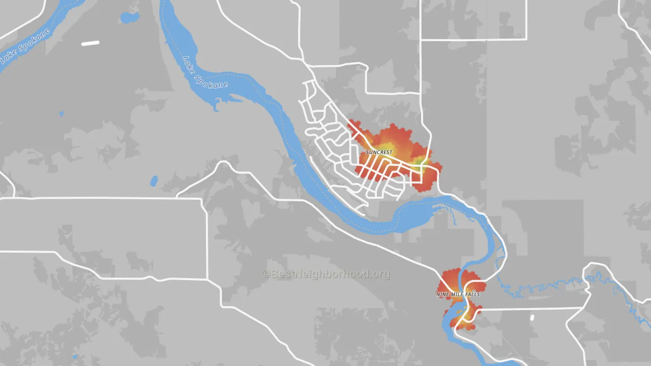 Walk Grade map of Nine Mile Falls, WA, walkable areas in green and car-dependent areas in red