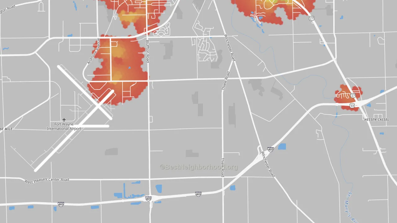 Walk Grade map of Nine Mile, IN, walkable areas in green and car-dependent areas in red