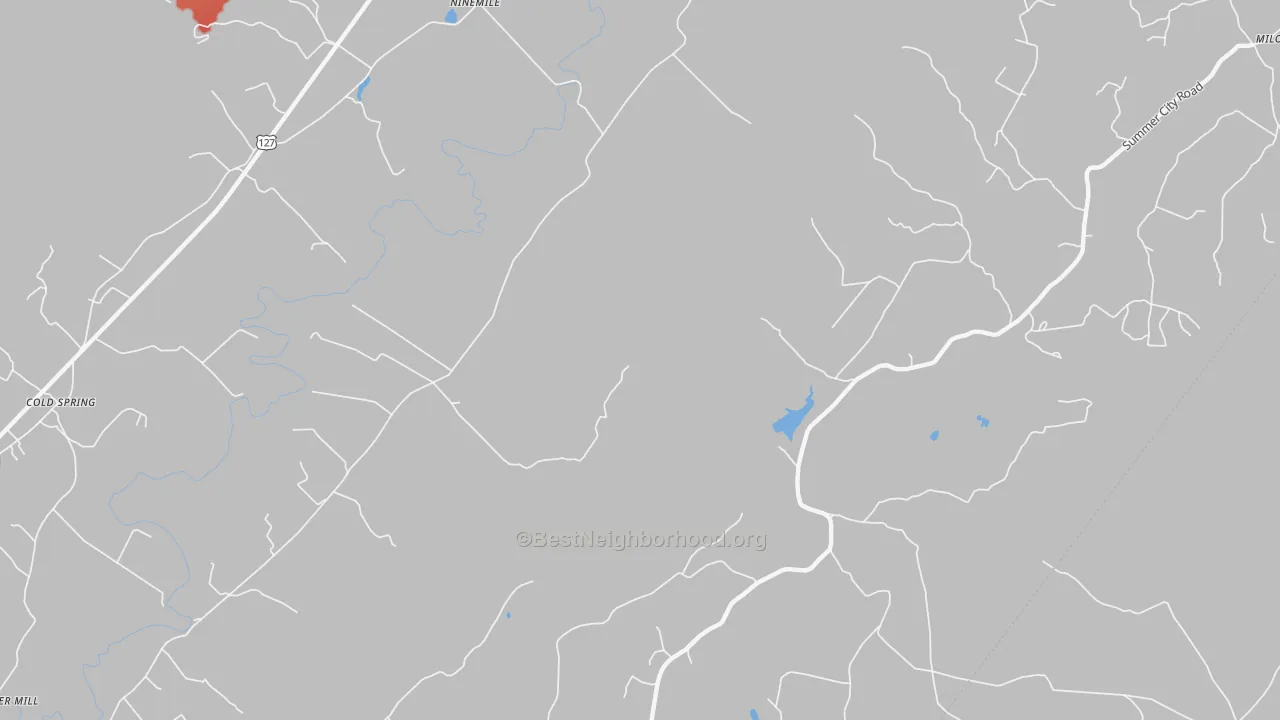 Walk Grade map of Nine Mile, TN, walkable areas in green and car-dependent areas in red