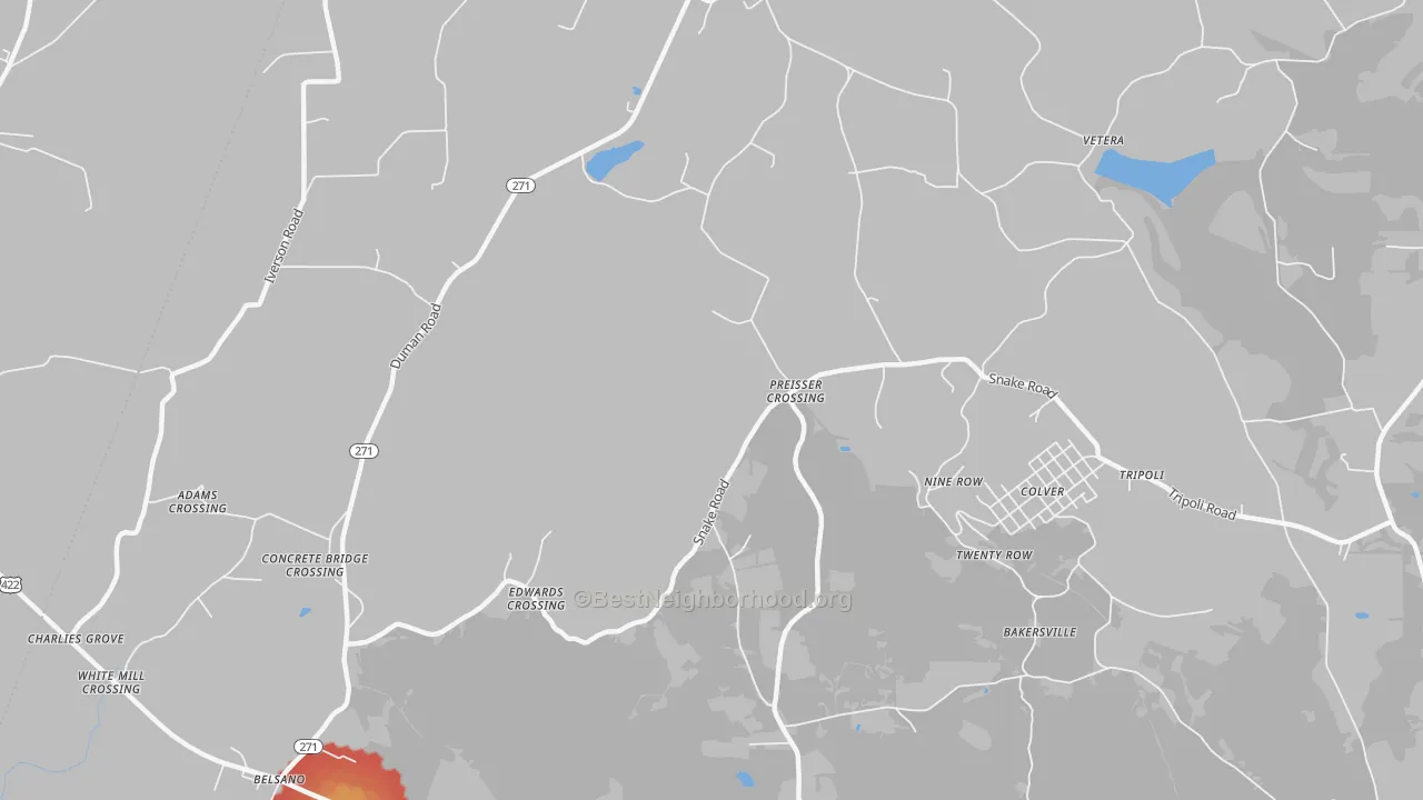 Walk Grade map of Nine Row, PA, walkable areas in green and car-dependent areas in red