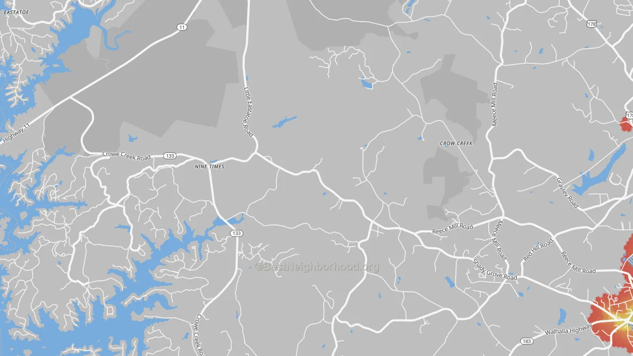 Walk Grade map of Nine Times, SC, walkable areas in green and car-dependent areas in red