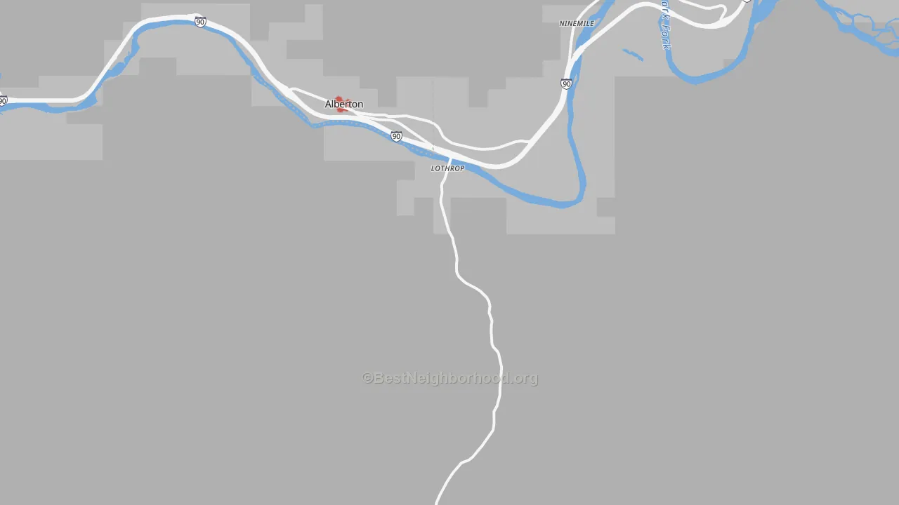 Walk Grade map of Ninemile, MT, walkable areas in green and car-dependent areas in red