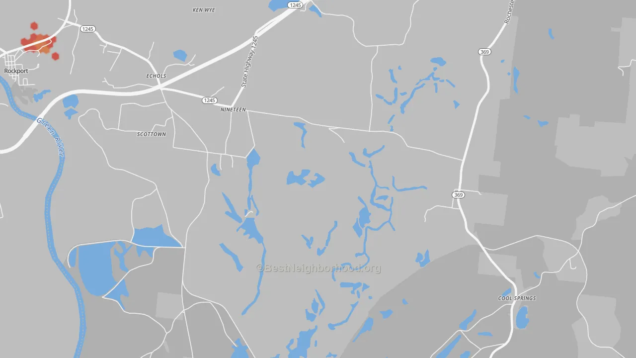 Walk Grade map of Nineteen, KY, walkable areas in green and car-dependent areas in red