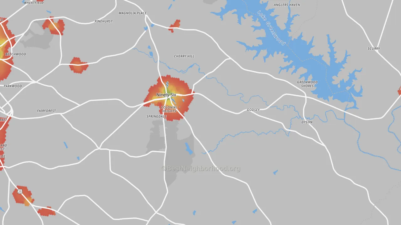 Walk Grade map of Ninety Six, SC, walkable areas in green and car-dependent areas in red