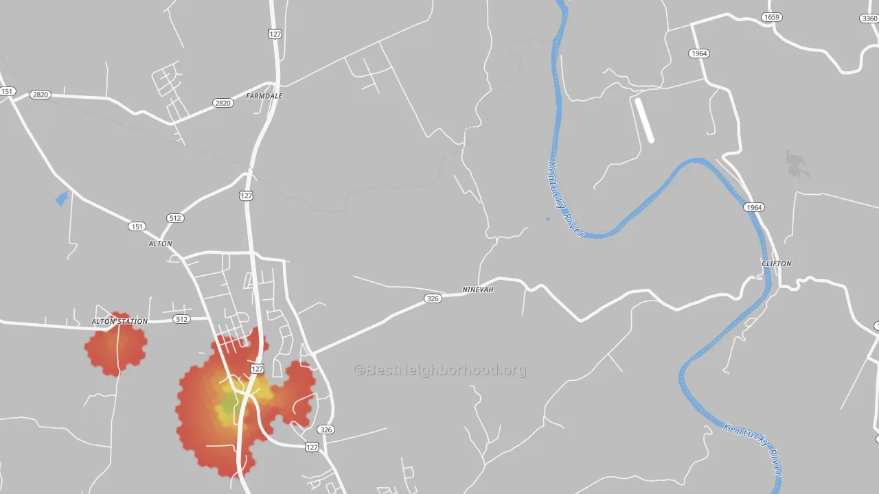 Walk Grade map of Ninevah, KY, walkable areas in green and car-dependent areas in red