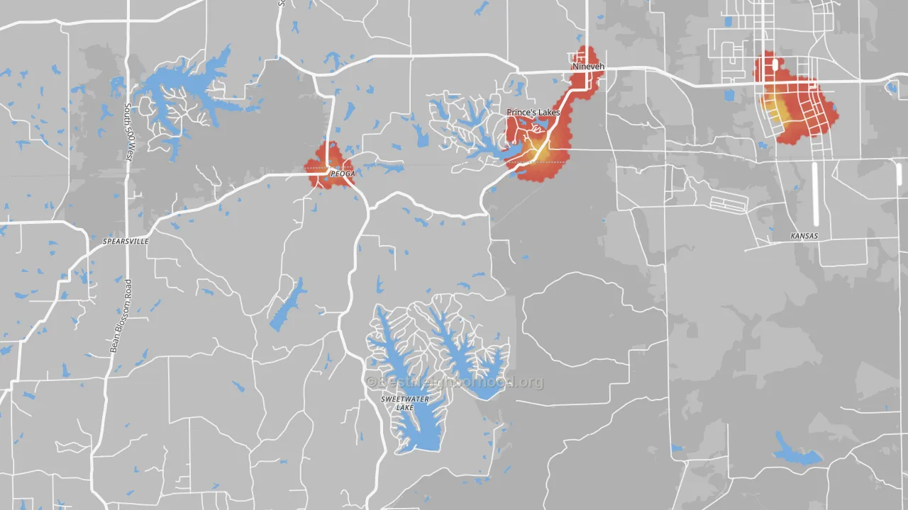Walk Grade map of Nineveh, IN, walkable areas in green and car-dependent areas in red