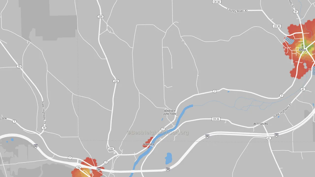 Walk Grade map of Nineveh Junction, NY, walkable areas in green and car-dependent areas in red